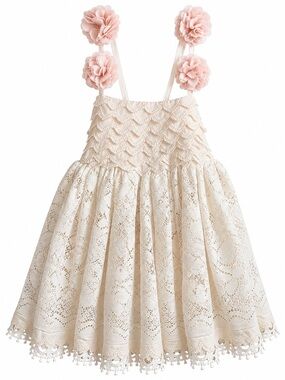 Dollcake Hopeless Romantic Dress Girls Size 2 Cream Lace Pink Pom Pom Straps EUC